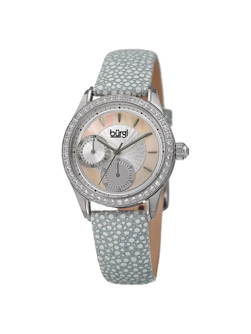 NWT Burgi Mother Of Pearl Dial Ladies Grey Polka Dot Watch